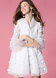 Women White Hooded Embroidered Tulle Mini Dresses Flare Sleeve
