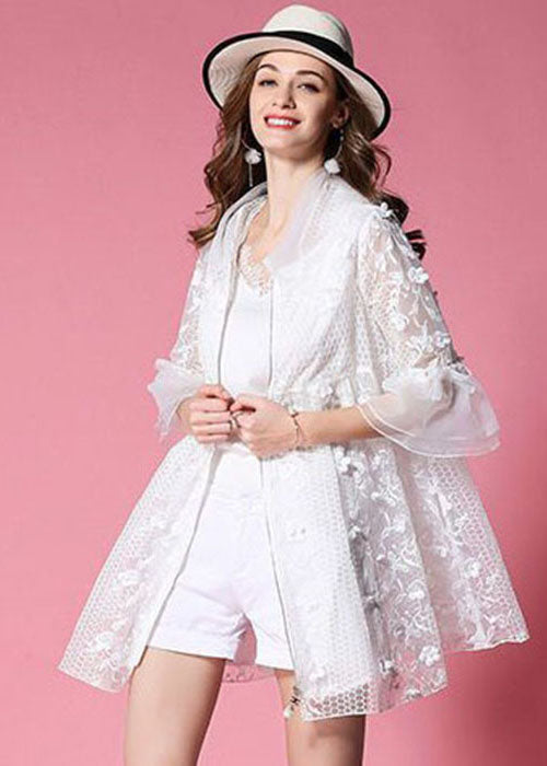 Women White Hooded Hollow Out Applique Organza Jacket Spring