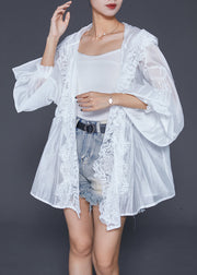 Women White Hooded Lace Patchwork Silk Cardigans Lantern Sleeve