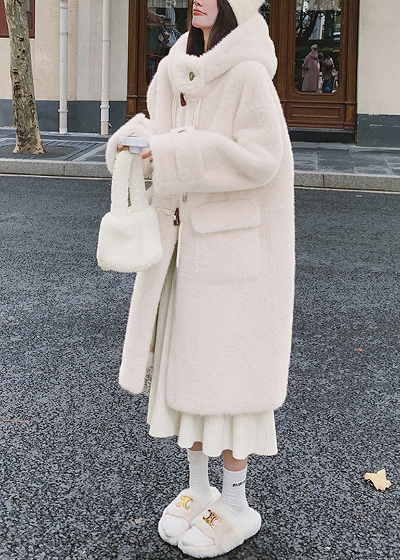 Women White Hooded Pockets Mink Velvet Coats Spring