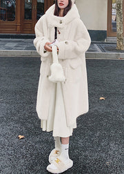 Women White Hooded Pockets Mink Velvet Coats Spring