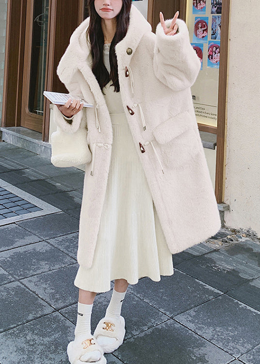 Women White Hooded Pockets Mink Velvet Coats Spring