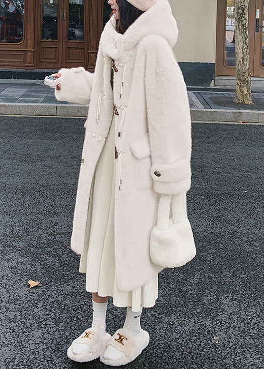 Women White Hooded Pockets Mink Velvet Coats Spring