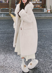 Women White Hooded Pockets Mink Velvet Coats Spring