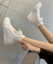 Women White Lace Up Splicing Cowhide Leather Flat Boots