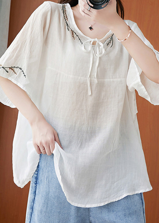 Women White Neck Tie Tops Half Sleeve