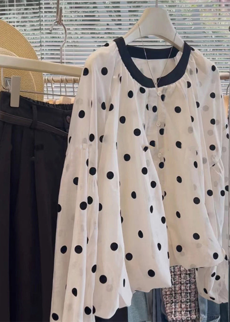 Women White O Neck Dot Button Cotton Shirts Long Sleeve