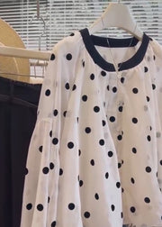 Women White O Neck Dot Button Cotton Shirts Long Sleeve