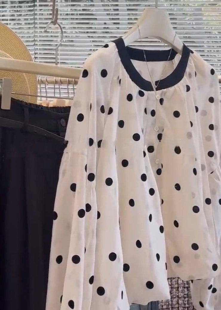 Women White O Neck Dot Button Cotton Shirts Long Sleeve