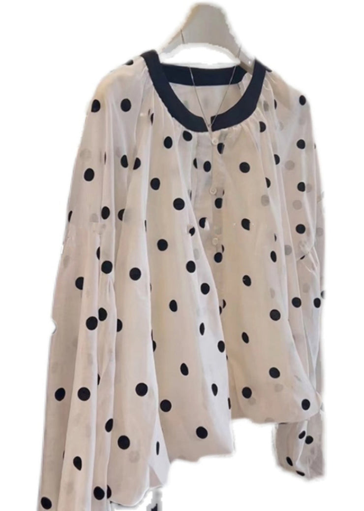 Women White O Neck Dot Button Cotton Shirts Long Sleeve