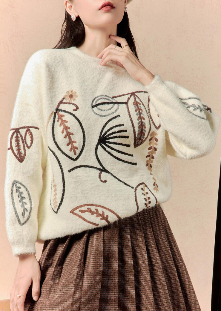 Women White O Neck Embroidered Cotton Knit Sweater Winter