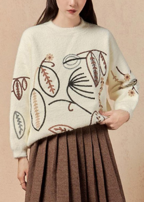 Women White O Neck Embroidered Cotton Knit Sweater Winter