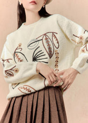 Women White O Neck Embroidered Cotton Knit Sweater Winter