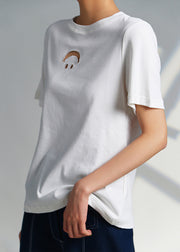 Women White O Neck Hollow Out Cotton T Shirts Summer