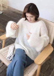 Women White O-Neck Hollow Out Cozy Wool Knit Sweaters Spring