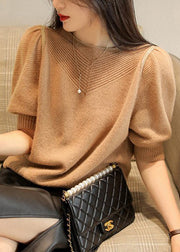 Women White O-Neck Hollow Out Wool Sweaters Puff Sleeve