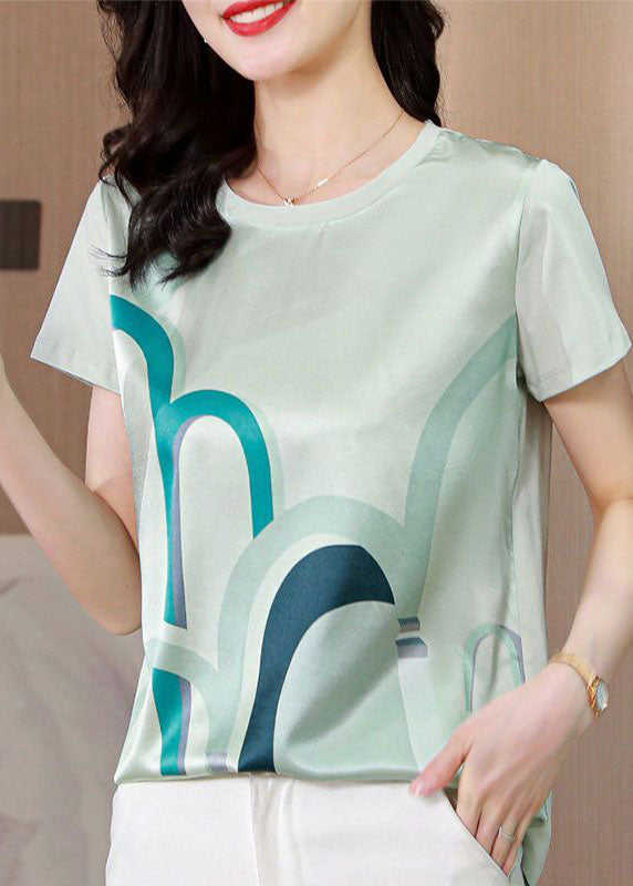 Women White O-Neck Original Design Print Silk Tops Summer