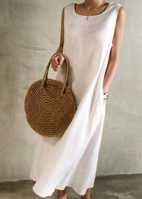 Women White O Neck Patchwork Cotton Maxi Dress Sleeveless