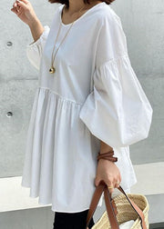 Women White O Neck Patchwork Cotton Shirt Tops Lantern Sleeve