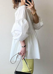 Women White O Neck Patchwork Cotton Shirt Tops Lantern Sleeve