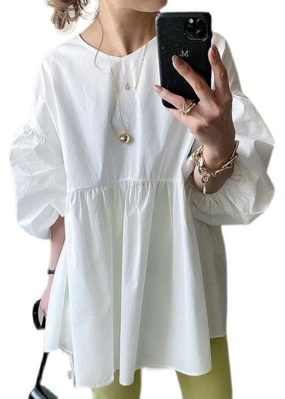 Women White O Neck Patchwork Cotton Shirt Tops Lantern Sleeve