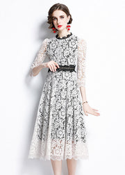 Women White O-Neck Patchwork Lace Party Dress Bracelet Sleeve