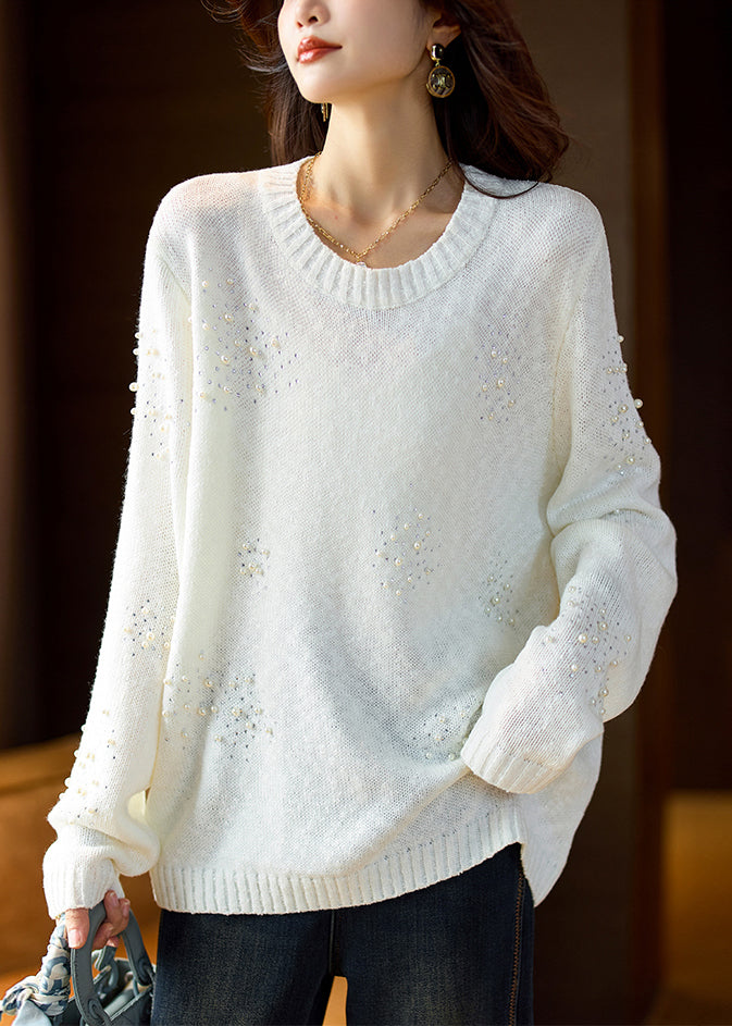 Women White O Neck Pearl Zircon Knit Sweater Spring