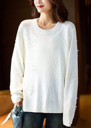 Women White O Neck Pearl Zircon Knit Sweater Spring