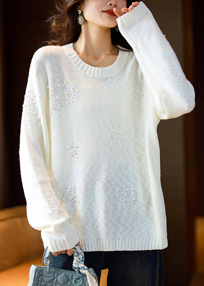 Women White O Neck Pearl Zircon Knit Sweater Spring