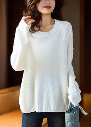 Women White O Neck Pearl Zircon Knit Sweater Spring