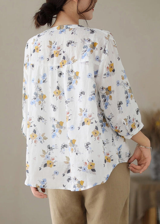 Women White O-Neck Print Button Ramie Shirts Summer