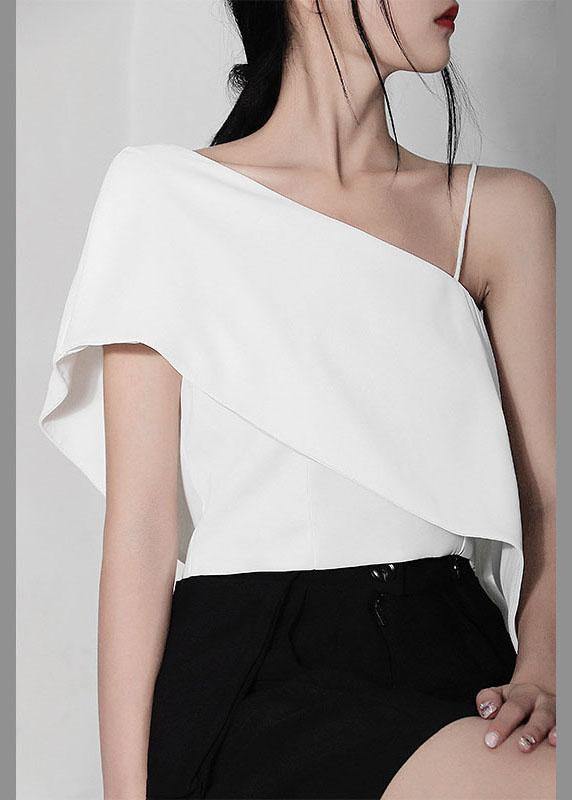 Women White One Shoulder Chiffon Tank Summer