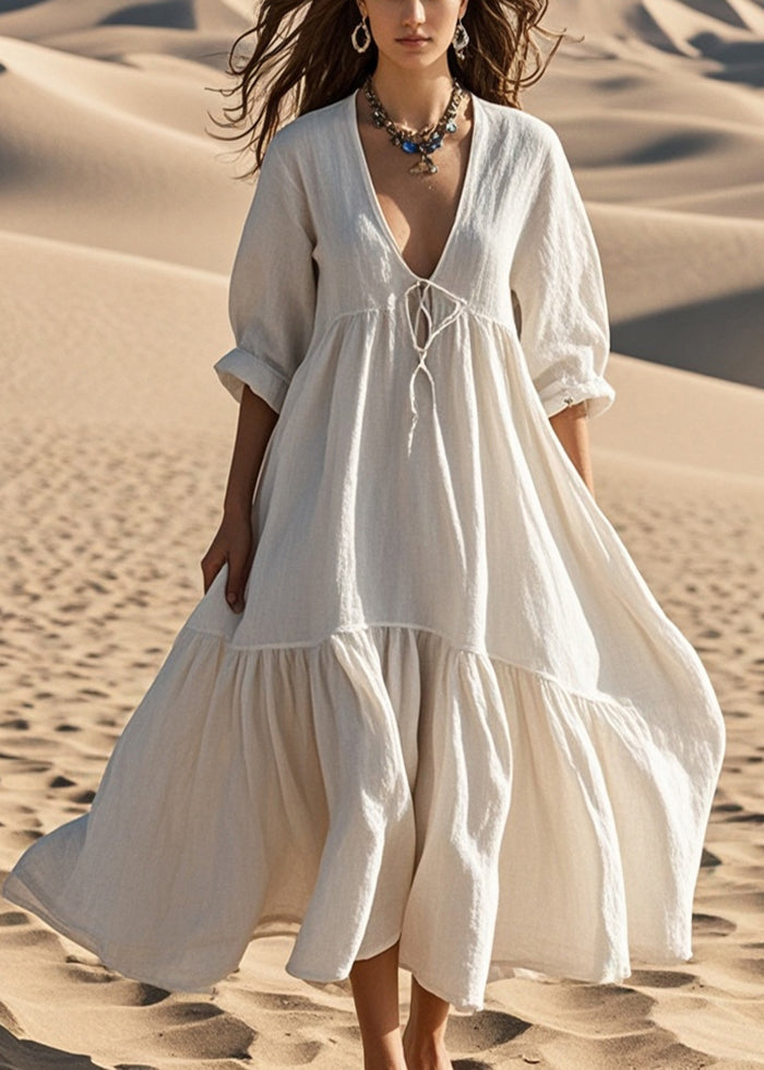 Women White Oversized Lace Up Cotton Robe Dresses Fall