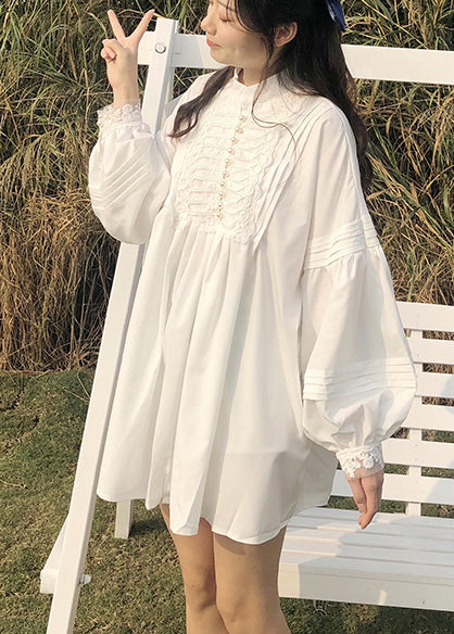 Women White Oversized Nail Bead Cotton Mini Dress Spring