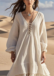 Women White Oversized Ruffles Cotton Long Dress Fall