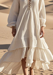 Women White Oversized Ruffles Cotton Long Dress Fall