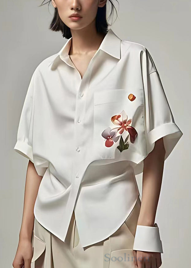 Women White Peter Pan Collar Button Print Cotton Shirt Summer