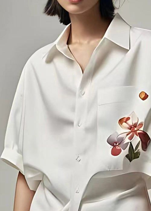 Women White Peter Pan Collar Button Print Cotton Shirt Summer
