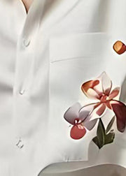 Women White Peter Pan Collar Button Print Cotton Shirt Summer