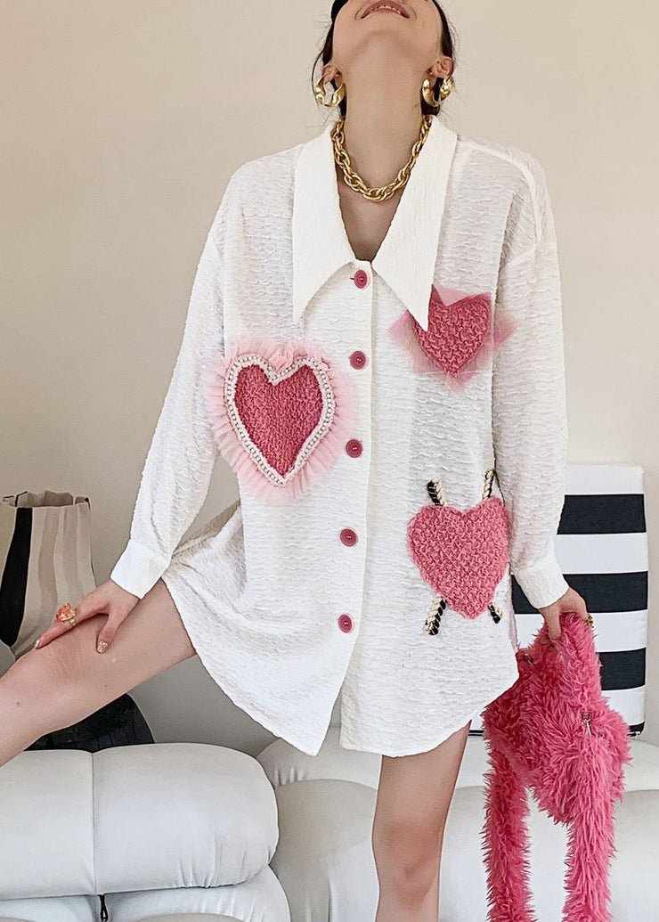 Women White Peter Pan Collar Embroideried Loving Heart Button Shirt Long Sleeve