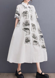 Women White Peter Pan Collar Print Long Shirt Dress Summer