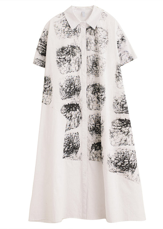 Women White Peter Pan Collar Print Long Shirt Dress Summer