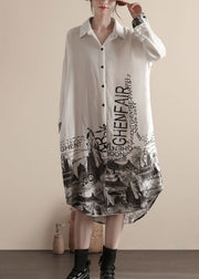 Women White Peter Pan Collar Print Patchwork Linen Shirts Dresses Spring