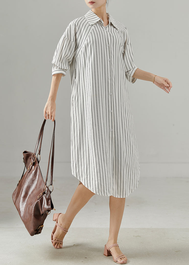 Women White Peter Pan Collar Striped Cotton Shirt Dresses Spring