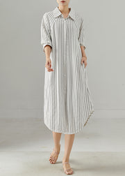 Women White Peter Pan Collar Striped Cotton Shirt Dresses Spring