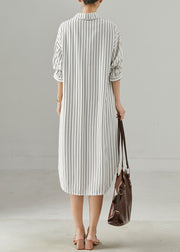 Women White Peter Pan Collar Striped Cotton Shirt Dresses Spring