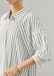 Women White Peter Pan Collar Striped Cotton Shirt Dresses Spring