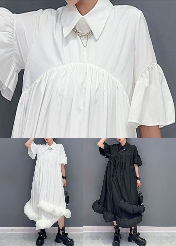 Women White Peter Pan Collar Wrinkled Patchwork Cotton Shirts Dress Summer