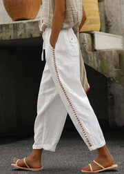 Women White Pockets Elastic Waist Cotton Crop Pants Summer