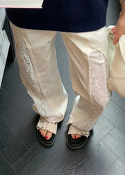 Women White Pockets Lace Patchwork Cotton Pants Summer